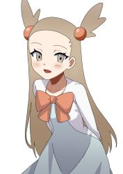 1girl artist_request blue_dress blush bow bowtie brown_eyes brown_hair commentary_request dress hair_ornament highres jacket jasmine_(pokemon) open_mouth orange_bow orange_bowtie pokemon pokemon_heartgold_and_soulsilver smile tagme white_jacket 