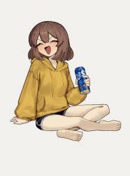  1girl absurdres barefoot beer_can black_shorts bob_cut brown_hair can closed_eyes commentary crossed_legs dolphin_shorts dot_nose drink_can facing_away feet from_side furrowed_brow hair_between_eyes highres holding holding_can hood hoodie nuri_(yoon_cook) open_mouth original product_placement shorts sitting soles solo toes yellow_hoodie yoon_cook 