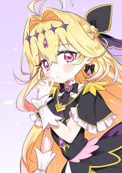  1girl absurdres antenna_hair black_dress blonde_hair blush brooch commentary_request cure_arcana_shadow dress hair_intakes heart heart_brooch highres jewelry long_hair looking_at_viewer magical_girl meitantei_precure! moria_luluka pink_eyes precure solo yabasoba 