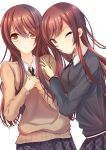  2girls absurdres amasajithira beige_sweater blue_neckwear brown_eyes brown_hair collared_shirt eyebrows_visible_through_hair from_above gradient gradient_background grey_jacket hair_between_eyes hands_clasped highres idolmaster idolmaster_shiny_colors jacket long_hair looking_at_viewer multiple_girls oosaki_amana oosaki_tenka open_mouth own_hands_together plaid plaid_skirt pleated_skirt school_uniform shirt siblings sidelocks skirt standing straight_hair striped striped_neckwear twins white_shirt 