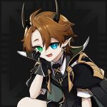  blue_eyes brown_hair demon_boy demon_horns earrings gloves green_eyes head_rest heterochromia highres horns jewelry looking_at_viewer male_focus official_art pale_skin piercing pointy_ears polygon_project solo virtual_youtuber xpsi 
