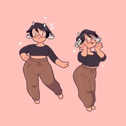 1girl :q absurdres animal_ears barefoot black_hair black_shirt breasts brown-framed_eyewear brown_eyes brown_pants commentary cow_ears cow_horns dark-skinned_female dark_skin english_commentary fake_animal_ears fake_horns full_body hand_on_own_hip hands_up highres horns invisible_floor large_breasts legs_apart legs_together looking_at_viewer midriff_peek multiple_views notice_lines pants pink_background pixie_cut plump real_life round_eyewear self-portrait semi-rimless_eyewear shirt simple_background smile solo sparkle sparkling_aura standing sweatpants tareme three-quarter_sleeves tongue tongue_out under-rim_eyewear walayssa 