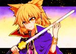  1girl blonde_hair bracelet cape earmuffs gold_trim highres holding holding_sword holding_weapon jewelry looking_at_viewer pointy_hair qqqrinkappp short_hair simple_background solo sword touhou toyosatomimi_no_miko traditional_media upper_body weapon yellow_eyes 