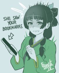  1girl absurdres artist_name blunt_bangs bow cellphone chinese_clothes commentary disgust english_commentary english_text esgarot_iv green_hanfu grey_background grey_eyes hair_bow hands_up hanfu highres holding kusuriya_no_hitorigoto long_sleeves looking_at_viewer maomao_(kusuriya_no_hitorigoto) partially_shaded_face phone scowl sidelocks sketch smartphone solo twintails upper_body 