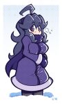  1girl @_@ breath coat gloves hex_maniac_(pokemon) highres legendofnerd long_hair looking_at_viewer own_hands_together pants pokemon purple_coat purple_gloves purple_hair purple_pants purple_scarf scarf snow violet_eyes winter_clothes winter_coat 