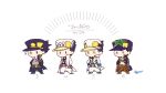  4boys belt black_hair blue_headwear chibi coat diamond_wa_kudakenai gakuran hair_strand hand_on_hip hat jojo_no_kimyou_na_bouken kogatarou kujo_jotaro long_coat male_focus multiple_belts multiple_boys pants school_uniform snake_print stardust_crusaders stone_ocean variations vento_aureo white_coat white_pants 