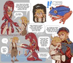  ! !! 1girl 2boys ? aged_down animal beard blonde_hair commentary crying earrings english_text facial_hair father_and_child father_and_son frog heart height_difference jewelry link mipha multiple_boys parent_and_child ponytail pyonteo royal_guard_set_(zelda) scared sidelocks simple_background surprised the_legend_of_zelda the_legend_of_zelda:_breath_of_the_wild toad_(animal) untranslatable_commentary white_background zora 