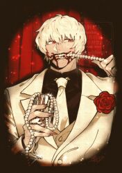  1boy beads biting blood blood_in_mouth commentary corsage cup curtains drinking_glass fate/strange_fake fate_(series) fingernails flower highres holding holding_cup jester_karture jewelry lapels looking_down necklace necktie notched_lapels pearl_necklace red_eyes red_flower red_rose rose sharp_fingernails sharp_teeth signature solo spotlight stage_curtains suit teeth ueki8sousaku unworn_necktie upper_body vampire white_necktie white_suit wine_glass 