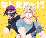  2boys battle_tendency beanie blonde_hair blue_shirt brown_hair caesar_anthonio_zeppeli crop_top facial_mark feather_hair_ornament feathers fingerless_gloves gloves green_eyes hair_ornament hat headband highres jojo_no_kimyou_na_bouken joseph_joestar joseph_joestar_(young) kogatarou male_focus mask midriff multiple_boys shirt t-shirt triangle_print 