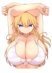  1girl armpits arms_up bikini blonde_hair blue_eyes breasts chichi_chichi closed_mouth collarbone commentary_request cool-kyou_shinja highres huge_breasts long_hair simple_background smile solo striped striped_bikini swimsuit upper_body white_background yorozu_hikaru 