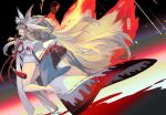  1girl animal_ear_fluff animal_ears bangs barefoot beast_iv:l blonde_hair blood breasts commentary_request crown evil_smile extra_ears eyebrows_visible_through_hair fangs fate/grand_order fate_(series) fingernails fire floating fox_ears fox_girl fox_tail full_body fur-trimmed_kimono fur_trim hair_ornament hair_ribbon highres japanese_clothes kimono kitsune koyanskaya_(fate) lack large_breasts legs long_hair looking_at_viewer looking_to_the_side meteor_shower multiple_tails open_mouth red_nails red_ribbon ribbon rock rope sharp_fingernails shimenawa smile solo tail talisman tamamo_(fate) tongue very_long_hair white_kimono yellow_eyes 