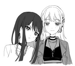  2girls bang_dream! bang_dream!_our_notes black_choker black_hair choker colored_inner_hair commentary earrings gamcha jacket jacket_on_shoulders jewelry long_hair looking_at_viewer mahashi_miku medium_hair multicolored_hair multiple_girls shirt simple_background suga_raika untranslatable_commentary upper_body white_background white_hair 