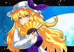  1girl bangs blonde_hair blue_background buttons eyebrows_visible_through_hair folding_fan food hand_fan hat hat_ribbon holding holding_food long_hair long_sleeves looking_at_viewer open_mouth purple_ribbon qqqrinkappp ribbon single_strap solo touhou traditional_media upper_body watatsuki_no_toyohime white_headwear yellow_eyes 
