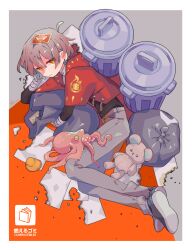  1boy absurdres black_shoes border closed_mouth commentary_request double-parted_bangs full_body grey_background grey_hair grey_pants hair_between_eyes highres hood hood_down hoodie layered_sleeves long_sleeves looking_at_viewer lying male_focus mochimura_sorata on_side orange_background original pants red_eyes red_hoodie rubber_duck shoes short_hair short_over_long_sleeves short_sleeves signature simple_background solo stuffed_animal stuffed_toy teddy_bear trash_bag trash_can two-tone_background white_border 