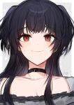  1girl black_choker black_hair blush choker collarbone eyebrows_visible_through_hair highres idolmaster idolmaster_shiny_colors looking_at_viewer mayuzumi_fuyuko panprika portrait simple_background smile solo sparkle twintails two-tone_background two_side_up 