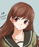  1girl brown_eyes brown_hair character_name dated green_sailor_collar green_serafuku grey_background highres kantai_collection long_hair looking_to_the_side ooi_(kancolle) sailor_collar school_uniform serafuku simple_background solo twitter_username umibudou upper_body 