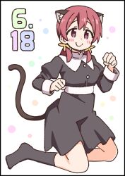  1girl animal_ear_fluff animal_ears black_border black_dress black_socks blush border brown_flower cat_ears cat_girl cat_tail closed_mouth commentary_request dated dress flower full_body hair_flower hair_ornament hair_over_shoulder juliet_sleeves kemonomimi_mode kneeling long_hair long_sleeves low_twintails murosaki_miyo nekotoufu no_shoes onii-chan_wa_oshimai! paw_pose puffy_sleeves red_hair smile socks solo tail twintails violet_eyes 
