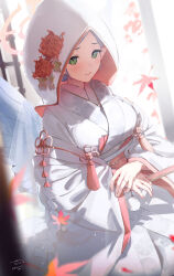  1girl absurdres alternate_costume angel_wings blue_archive blue_hair blue_wings breasts bride closed_mouth commentary_request feathered_wings green_eyes halo highres japanese_clothes kimono large_breasts leaf long_hair looking_at_viewer maple_leaf mine_(blue_archive) pink_halo pointy_ears shiromuku solo tamagore uchikake white_hood white_kimono wings 
