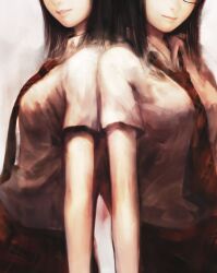  2girls amakura_mayu amakura_mio artist_request back-to-back black_hair character_request check_artist check_character commentary_request fatal_frame fatal_frame_ii:_crimson_butterfly gauss_<bokashi glasses highres medium_hair multiple_girls necktie parted_lips plaid_clothes plaid_skirt red_necktie shirt siblings skirt twins white_shirt 