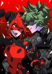  1boy 1girl adrien_agreste animal_ears arm_around_another's_waist black_bodysuit black_hair black_mask bodysuit cat_ears claw_noir colored_sclera commentary_request eye_mask green_hair hair_bun highres k202840fukuona marinette_dupain-cheng mask miraculous_ladybug multicolored_hair red_background red_bodysuit red_eyes red_hair red_lips red_mask shadybug signature two-tone_hair violet_eyes 