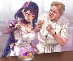  1boy 1girl @_@ absurdres apron bangs blonde_hair blunt_bangs blurry blurry_background braid braided_ponytail breasts bridal_gauntlets chef_uniform crossover electricity eyebrows_visible_through_hair food foxyreine frilled_apron frills frying_pan genshin_impact gordon_ramsay hair_ornament hand_up hands_up hell&#039;s_kitchen highres holding indoors ladle large_breasts long_hair mole mole_under_eye neck_ribbon obi open_mouth parted_lips purple_hair raiden_shogun raised_eyebrows real_life ribbon sash short_hair spoon tearing_up violet_eyes watch watch white_apron window wrinkled_skin 