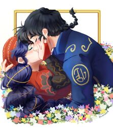  1boy 1girl a_uroraxd absurdres black_hair blue_eyes blue_hair blush braid brown_eyes closed_eyes commentary_request cosplay ear_blush eyeshadow green_eyeshadow hand_on_another's_cheek hand_on_another's_face hat hetero highres juliet_capulet juliet_capulet_(cosplay) juliet_sleeves kiss long_sleeves makeup official_alternate_costume official_alternate_hairstyle puffy_sleeves ranma_1/2 red_hat saotome_ranma saotome_ranma_(male) single_braid spanish_commentary tendou_akane 