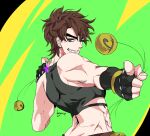  1boy battle_tendency birthmark bola_(weapon) brown_hair crop_top fingerless_gloves from_behind gloves green_eyes grin joestar_birthmark jojo_no_kimyou_na_bouken joseph_joestar joseph_joestar_(young) kogatarou looking_at_viewer male_focus midriff one_eye_closed pointing smile solo 