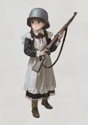  1girl absurdres apron black_dress brown_eyes brown_hair brown_shoes closed_mouth combat_helmet commentary_request dress frilled_apron frills full_body garoppui gun gun_sling helmet highres holding holding_gun holding_weapon light_blush long_dress long_sleeves looking_to_the_side low_twintails maid maid_apron neck_ribbon original red_ribbon ribbon rifle shoes simple_background solo twintails weapon white_apron white_background 