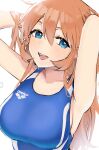  1girl arms_up bangs blue_eyes blue_swimsuit blush breasts charlotte_e._yeager commentary_request commission emirio_(emirio110) hair_between_eyes hands_in_hair highres large_breasts long_hair looking_at_viewer one-piece_swimsuit orange_hair parted_lips simple_background skeb_commission solo strike_witches swimsuit very_long_hair wet white_background world_witches_series 