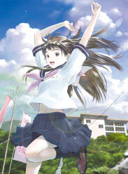  1girl :d arms_up banner black_socks blue_sailor_collar blue_skirt brown_eyes brown_hair brown_shoes building clouds commentary_request day fure_fure_shoujo highres holding jumping loafers long_hair looking_at_viewer midriff momoyama_momoko navel neckerchief official_art open_mouth outdoors pink_neckerchief sailor_collar school_uniform serafuku shoes short_sleeves skirt smile socks solo yoshizuki_kumichi 