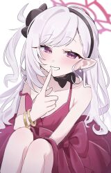  1girl absurdres bare_shoulders black_bow black_choker black_hairband blue_archive blush bow choker commentary_request dot_nose dress earrings finger_to_own_chin gold_bangle grey_hair hairband halo happy highres index_finger_raised jewelry knees long_hair looking_at_viewer moe_nayo mutsuki_(blue_archive) mutsuki_(dress)_(blue_archive) official_alternate_costume pearl_earrings pointy_ears red_bow red_dress red_eyes red_halo simple_background smile solo spaghetti_strap teeth twitter_username white_background 