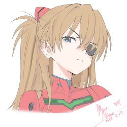  1977_oj3 1girl blue_eyes bodysuit brown_hair commentary_request dated eyepatch highres interface_headset_(evangelion) long_hair looking_at_viewer mecha_pilot_suit neon_genesis_evangelion plugsuit_(evangelion) red_bodysuit signature simple_background solo souryuu_asuka_langley upper_body white_background 