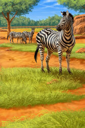  animal animal_focus fence full_body grass highres johannatarkela nature no_humans official_art outdoors painterly realistic rock scenery sky standing striped_fur tree watermark zebra zoo zoo_tycoon 
