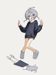  1girl :d absurdres ahoge black_sweater blue_eyes bob_cut collarbone commentary eyeshadow flat_color grey_hair hair_between_eyes hands_up highres implied_death knees knees_together_feet_apart makeup original oversized_sweater red_eyeshadow shoes sidelocks simple_background smile sweater thighs untranslatable_commentary v white_background white_shoes yoon_cook 