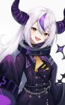  1girl :d ascot bangs belt black_coat black_horns braid braided_bangs coat demon_girl demon_horns ema_(kuguiema) hair_between_eyes highres hololive horns la+_darknesss long_hair looking_at_viewer multicolored_hair pointy_ears purple_hair silver_hair simple_background sleeves_past_fingers sleeves_past_wrists smile solo streaked_hair striped_horns trench_coat v-shaped_eyebrows very_long_hair virtual_youtuber yellow_ascot yellow_eyes 