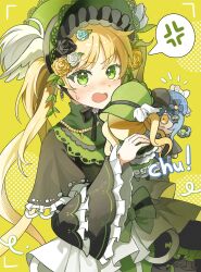  1girl absurdres anger_vein bird_hat_ornament black_capelet black_flower black_rose blonde_hair blue_hair bonnet braid braided_hair_rings capelet commentary deerstalker dress flower flower-trimmed_dress frilled_capelet frilled_dress frilled_sleeves frills green_bonnet green_eyes hair_rings hat highres holding light_blush lolita_fashion long_hair long_sleeves looking_at_viewer mahou_shoujo_no_majo_saiban open_mouth rose siocm solo spoken_anger_vein stuffed_toy surprised sweatdrop tachibana_sherry tono_hanna twintails untranslatable_commentary upper_body white_flower white_rose wide_sleeves yellow_background yellow_eyes yellow_flower yellow_rose 