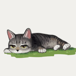  absurdres ambiguous_gender animal animal_ears animal_focus animal_hands bored brown_fur cat cat_ears cat_tail colored_inner_animal_ears commentary commentary_request grass grey_fur highres lazy looking_at_viewer lying on_stomach original snout solo tail three-toned_fur whiskers white_background white_fur yoon_cook 