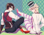  2boys blonde_hair blue_eyes brown_hair caesar_anthonio_zeppeli corset facial_mark feather_hair_ornament feathers fingerless_gloves from_behind gloves green_eyes hair_ornament hat headband high_heels jojo_no_kimyou_na_bouken kogatarou male_focus multiple_boys pants short_twintails sitting striped striped_pants suspenders sweater_vest top_hat twintails 