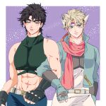  2boys abs blonde_hair blue_jacket blush brown_hair caesar_anthonio_zeppeli crop_top denim facial_mark feather_hair_ornament feathers fingerless_gloves gloves green_eyes hair_ornament headband highres jacket jeans jojo_no_kimyou_na_bouken kogatarou locked_arms male_focus midriff multiple_boys pants pink_scarf scarf sleeveless sleeveless_turtleneck sweat triangle_print turtleneck 