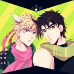  2boys blonde_hair blue_eyes brown_hair caesar_anthonio_zeppeli facial_mark feather_hair_ornament feathers fingerless_gloves gloves green_eyes green_jacket green_scarf hair_ornament headband jacket jojo_no_kimyou_na_bouken joseph_joestar joseph_joestar_(young) kogatarou male_focus multiple_boys pink_scarf scarf striped striped_scarf triangle_print 