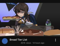  1girl admire_vega_(starry_nocturne)_(umamusume) admire_vega_(umamusume) animal_ears blue_capelet blue_dress bodysuit bodysuit_under_clothes bottle bread brown_eyes brown_hair capelet closed_mouth commentary commentary_request cr1tikal_bread_tier_list dress ear_covers ear_ornament english_text fake_screenshot fingerless_gloves food food_wrapper gloves hair_between_eyes hair_ornament holding holding_bread holding_food horse_ears horse_girl horse_tail igong loaf_of_bread long_sleeves necktie photo-referenced plastic_wrap single_ear_cover solo tail umamusume water_bottle white_necktie 