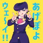  1boy :3 black_hair blue_eyes diamond_wa_kudakenai earrings gakuran higashikata_josuke highres jewelry jojo_no_kimyou_na_bouken kogatarou licking_lips male_focus one_eye_closed pointing pompadour school_uniform solo tongue tongue_out 