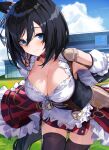  1girl animal_ears black_hair blue_eyes breasts choker detached_sleeves dirndl eishin_flash_(umamusume) eyebrows_visible_through_hair german_clothes highres horse_ears horse_girl horse_tail large_breasts red_choker short_hair simple_background solo tail touchi_tc umamusume upper_body 
