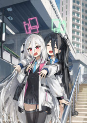  2girls absurdres aqua_halo aris_(blue_archive) black_hair black_hairband black_thighhighs blue_archive blue_necktie blush closed_eyes commentary_request dor_m double-parted_bangs green_halo hair_between_eyes hairband halo highres jacket kei_(blue_archive) kei_(student)_(blue_archive) long_hair long_hair_between_eyes long_sleeves loosely_tucked_bangs multicolored_jacket multiple_girls necktie one_side_up open_mouth pink_eyes pink_halo rectangular_halo shirt skirt thigh-highs two-tone_jacket very_long_hair white_hair white_jacket white_shirt zettai_ryouiki 