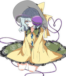  1girl buttons commentary_request diamond_button floral_print frilled_shirt_collar frilled_sleeves frills green_skirt hat heart heart_of_string highres komeiji_koishi long_sleeves looking_at_viewer nishiki1225 shirt sitting skirt sleeves_past_fingers sleeves_past_wrists third_eye touhou white_background wide_sleeves yellow_shirt 