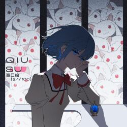  1girl blue_eyes blue_hair commentary_request expressionless hand_on_own_cheek hand_on_own_face highres kyubey long_sleeves looking_at_viewer mahou_shoujo_madoka_magica miki_sayaka neck_ribbon qiusu15 ribbon school_uniform short_hair solo solo_focus 