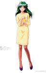  1990s_(style) 1girl asou_kasumi brown_eyes brown_hair brown_legwear copyright_name eyebrows_visible_through_hair full_body green_hair highres kokura_masashi long_hair long_sleeves looking_at_viewer official_art open_mouth page_number pantyhose retro_artstyle simple_background solo sweater tokimeki_memorial tokimeki_memorial_2 watch watch white_background 