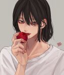  1boy bangs bishounen bite_mark black_hair blue_eyes bob_cut constricted_pupils eating english_commentary fang food fruit grey_background hair_between_eyes hand_up highres holding holding_food holding_fruit kagoya1219 looking_at_viewer male_focus medium_hair open_mouth original plum shirt signature solo straight_hair upper_body white_shirt 