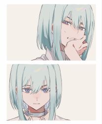  18trip 1boy azekawa_kinari blue_eyes blue_hair bob_cut choker closed_mouth collared_shirt commentary hair_between_eyes highres looking_at_viewer male_focus medium_hair multicolored_hair portrait red_eyes shirt short_hair sidelocks simple_background solo st_18tr sweatdrop translated white_choker white_shirt 