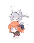  :3 animal_ears arknights bagpipe_(arknights) bangs black_footwear black_jacket black_legwear blue_eyes boots chibi eyebrows_visible_through_hair grani_(arknights) green_jacket grey_eyes grey_hair hair_between_eyes horns jacket long_hair orange_hair pantyhose pleated_skirt ponytail red_skirt running shadow skirt tail toufu_mentaru_zabuton v-shaped_eyebrows very_long_hair visor white_background 